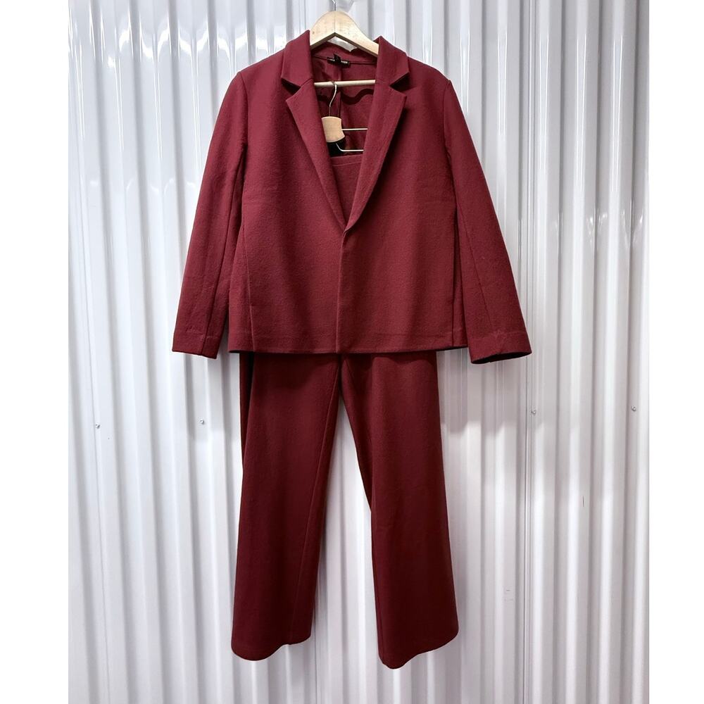 EILEEN FISHER red 100% wool open front blazer and pull on pant suit set